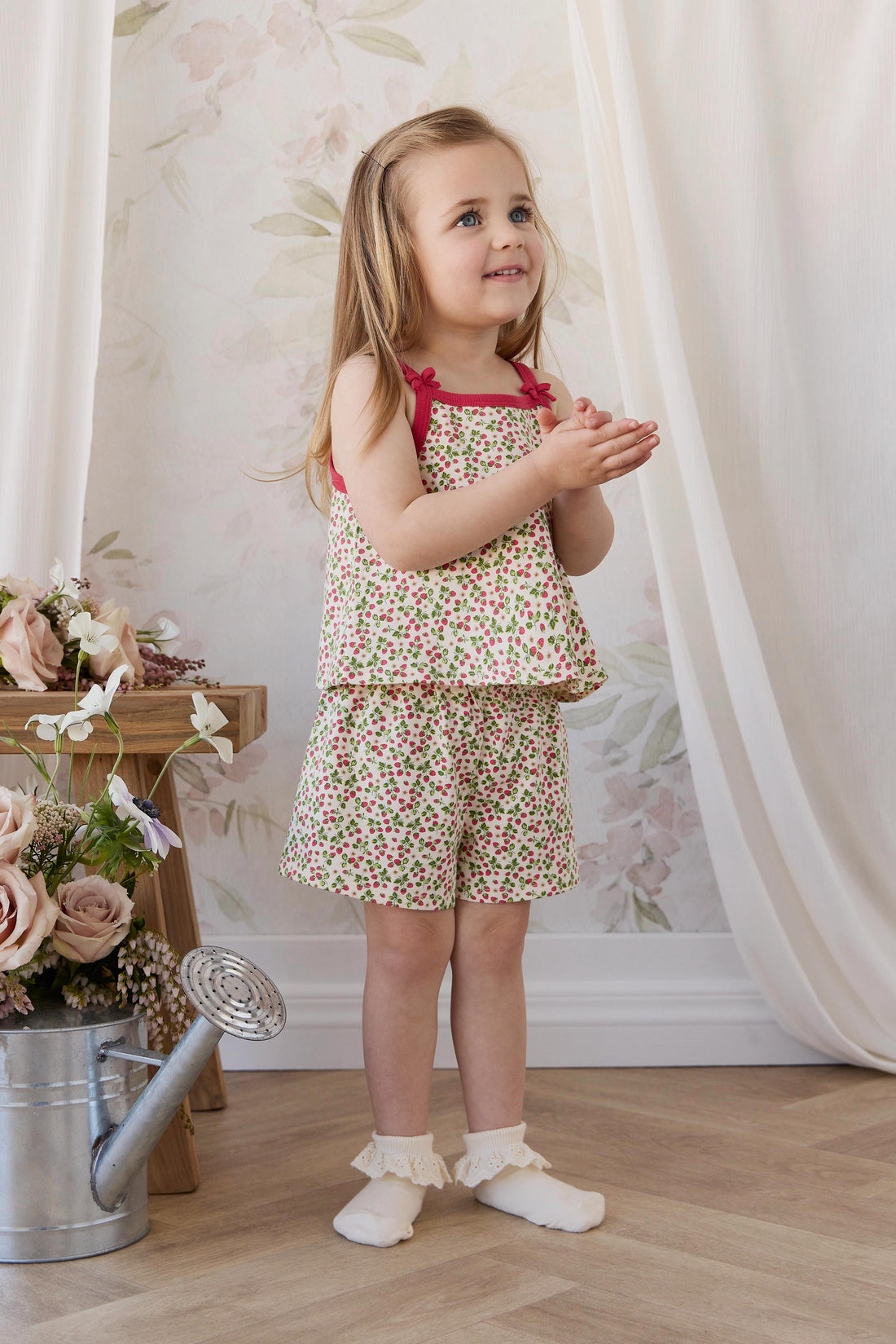 Organic Cotton Jaida Pyjama Singlet Set - Cottage Strawberries Childrens Pyjamas from Jamie Kay NZ