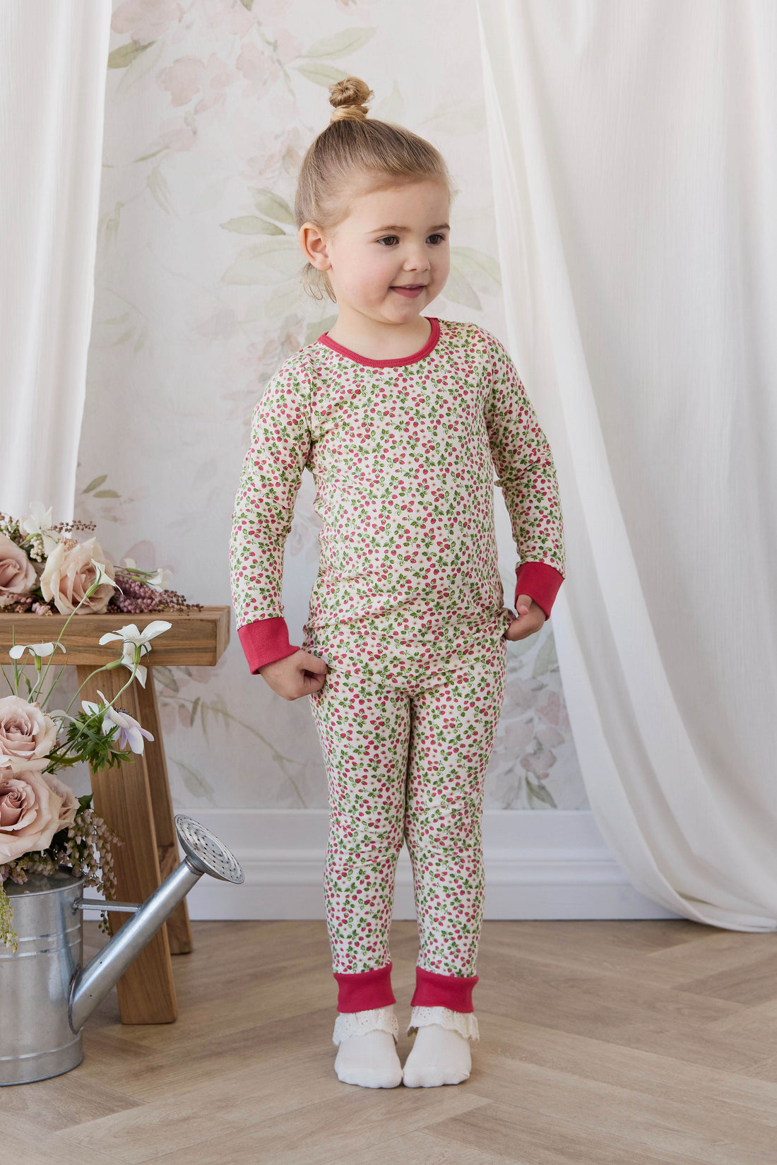 Organic Cotton Amory Long Sleeve Pyjama Set - Cottage Strawberries Childrens Pyjamas from Jamie Kay NZ