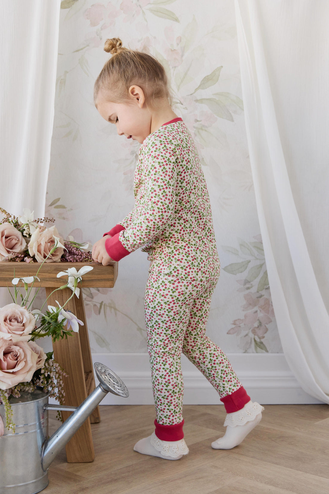 Organic Cotton Amory Long Sleeve Pyjama Set - Cottage Strawberries Childrens Pyjamas from Jamie Kay NZ
