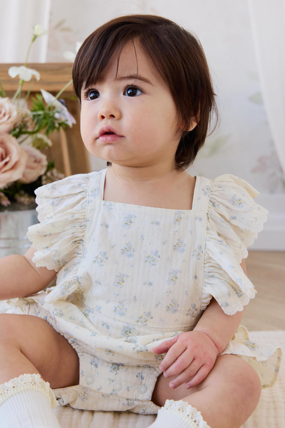 Organic Cotton Elka Playsuit - Justine Vanilla Sky Childrens Playsuit from Jamie Kay NZ