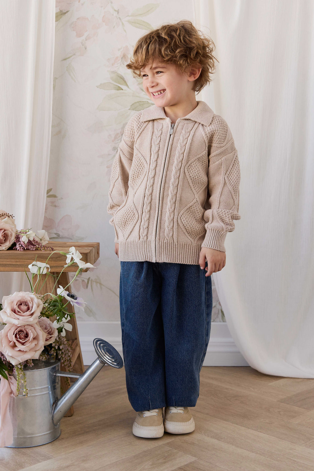 Simon Zip-Up Cardigan - Wheat Childrens Cardigan from Jamie Kay NZ
