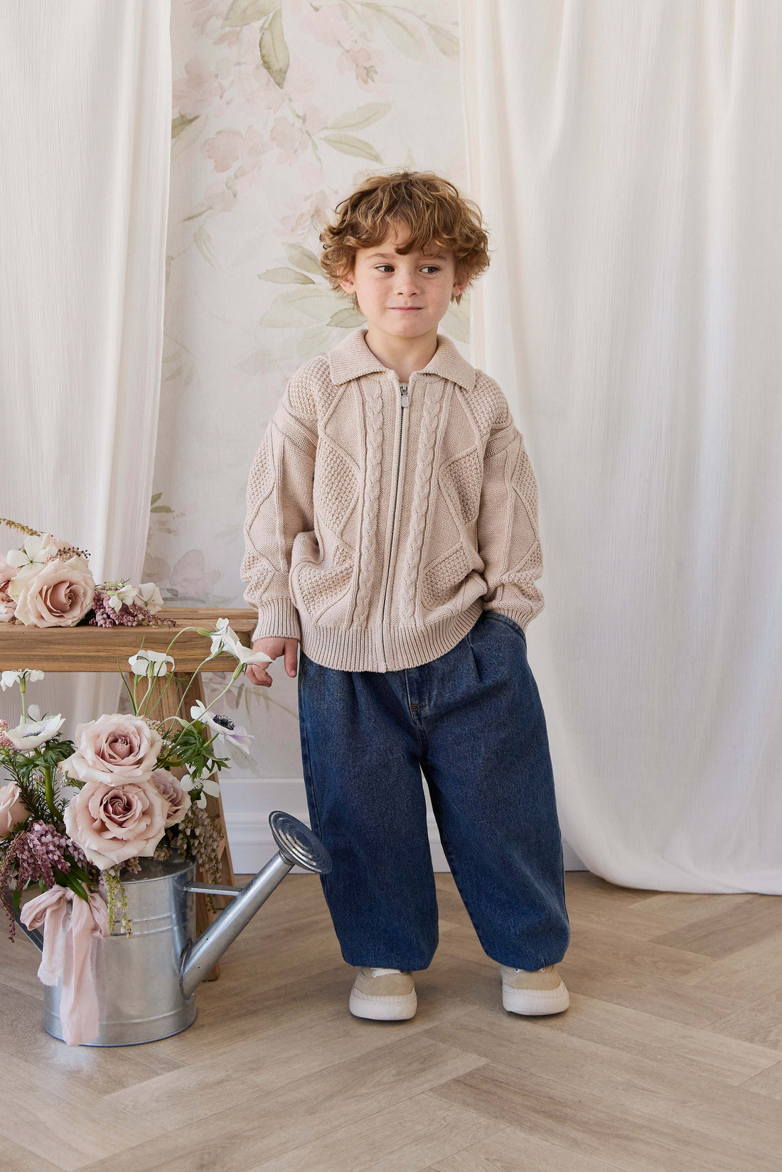 Simon Zip-Up Cardigan - Wheat Childrens Cardigan from Jamie Kay NZ