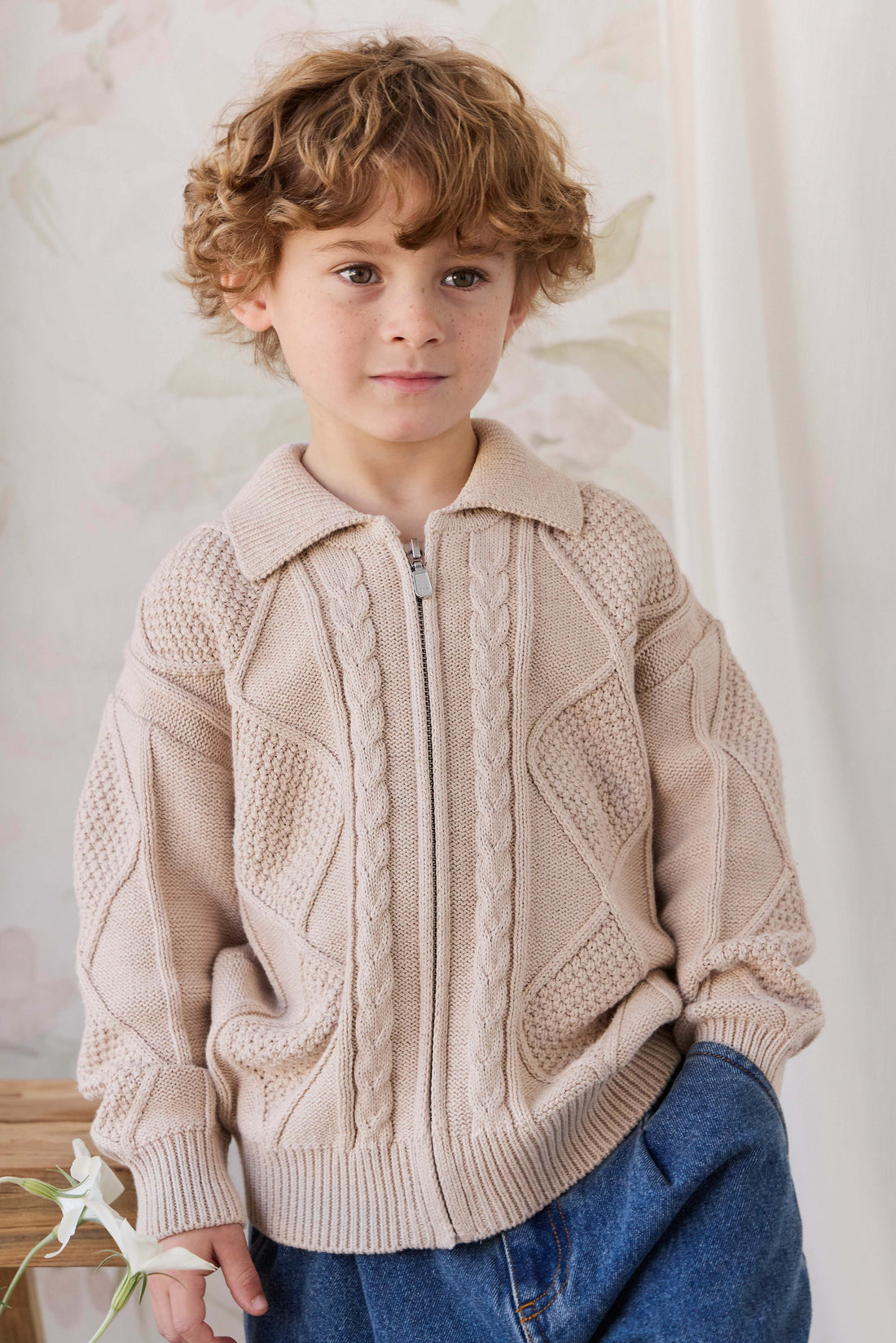 Simon Zip-Up Cardigan - Wheat Childrens Cardigan from Jamie Kay NZ