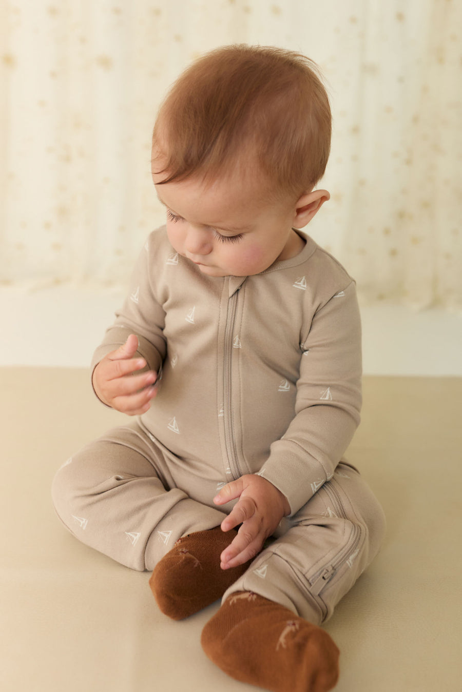 Organic Cotton Reese Zip Onepiece - Set Sail Vintage Taupe Childrens Onepiece from Jamie Kay NZ