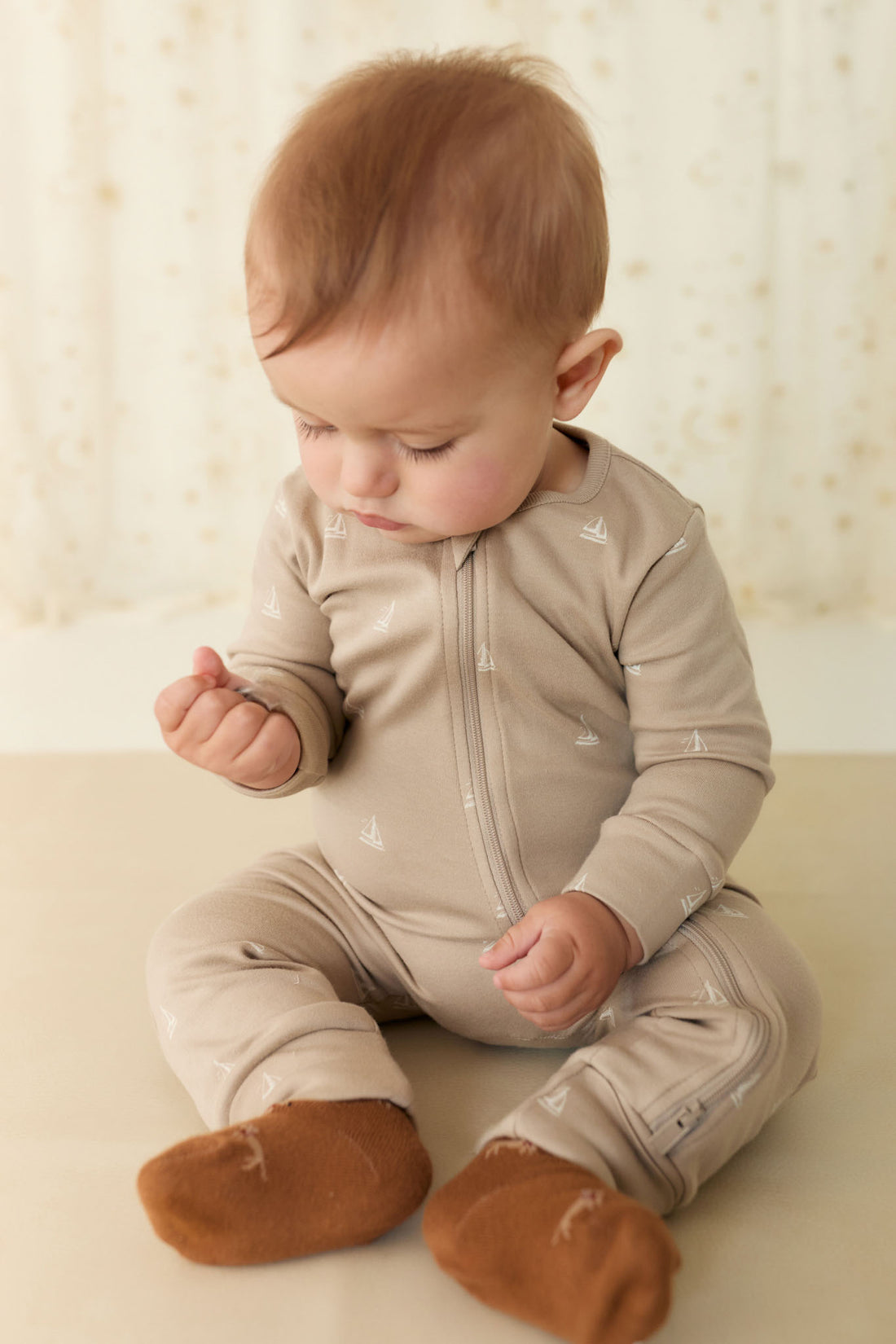 Organic Cotton Reese Zip Onepiece - Set Sail Vintage Taupe Childrens Onepiece from Jamie Kay NZ