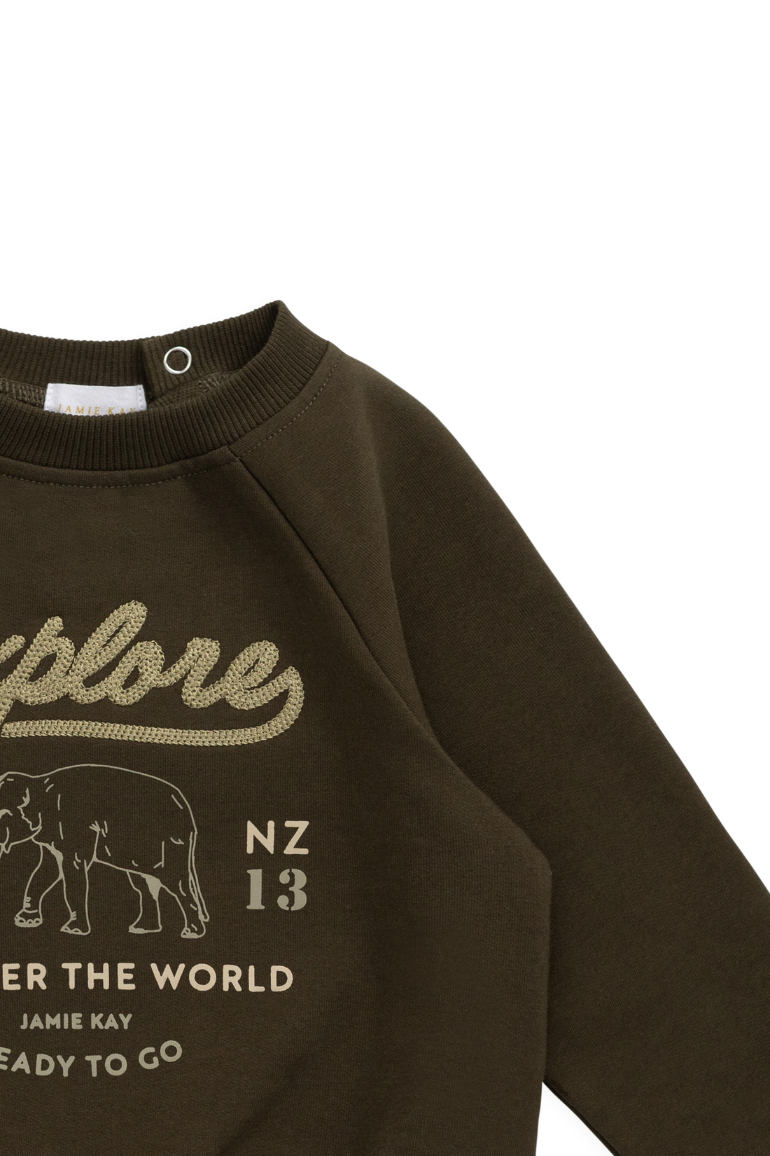 Organic Cotton Duncan Sweatshirt - Deep Olive Elephant Explore Childrens Sweatshirt from Jamie Kay NZ