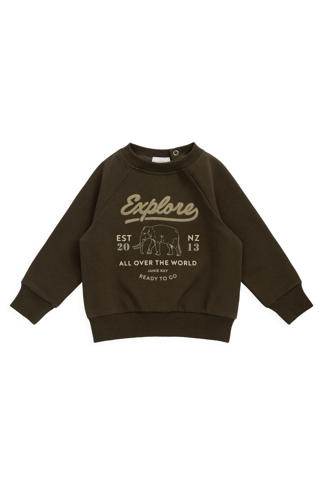 Organic Cotton Duncan Sweatshirt - Deep Olive Elephant Explore Childrens Sweatshirt from Jamie Kay NZ