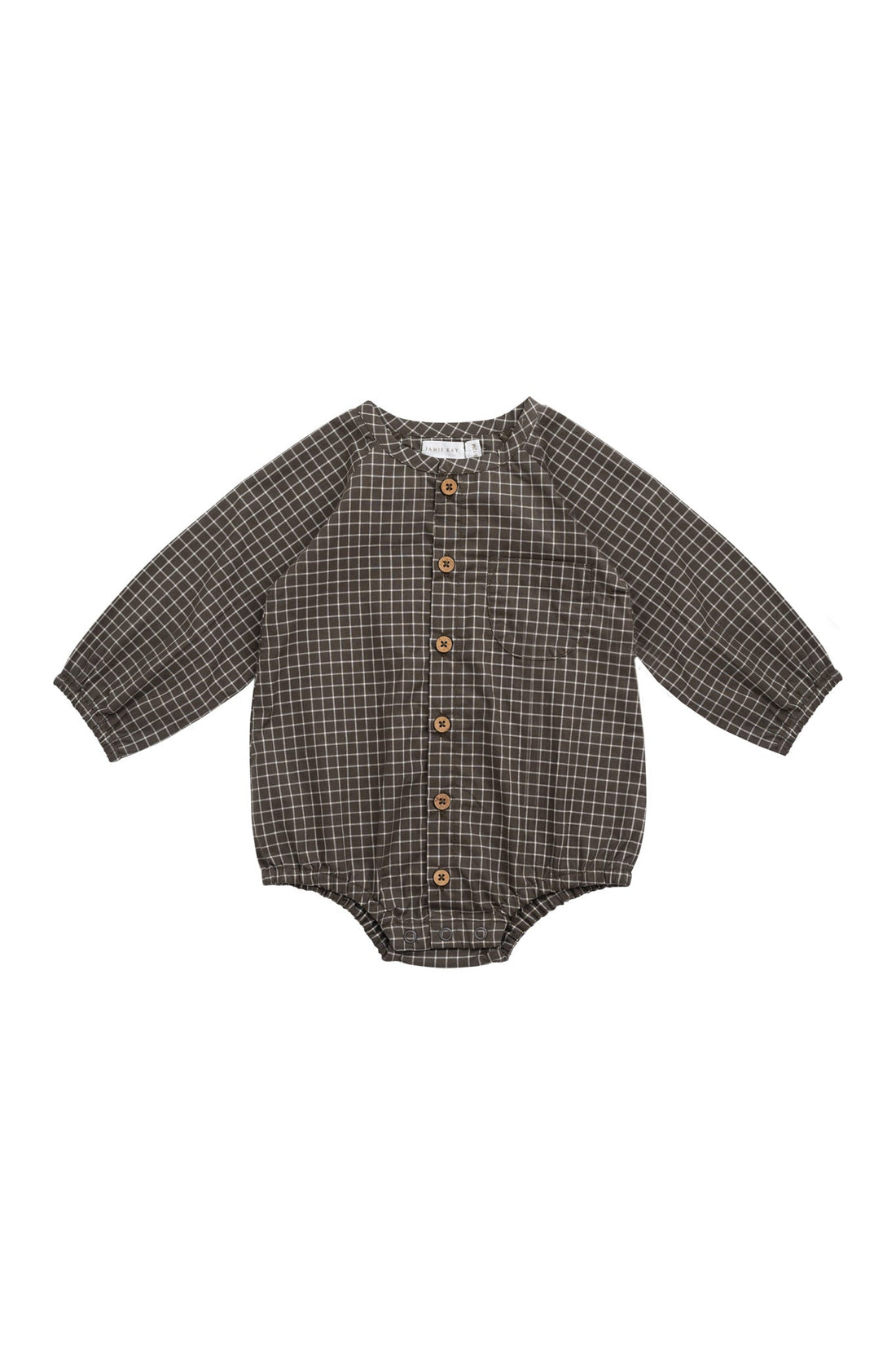 Organic Cotton Ellis Playsuit - Coffee Grid Childrens Playsuit from Jamie Kay NZ