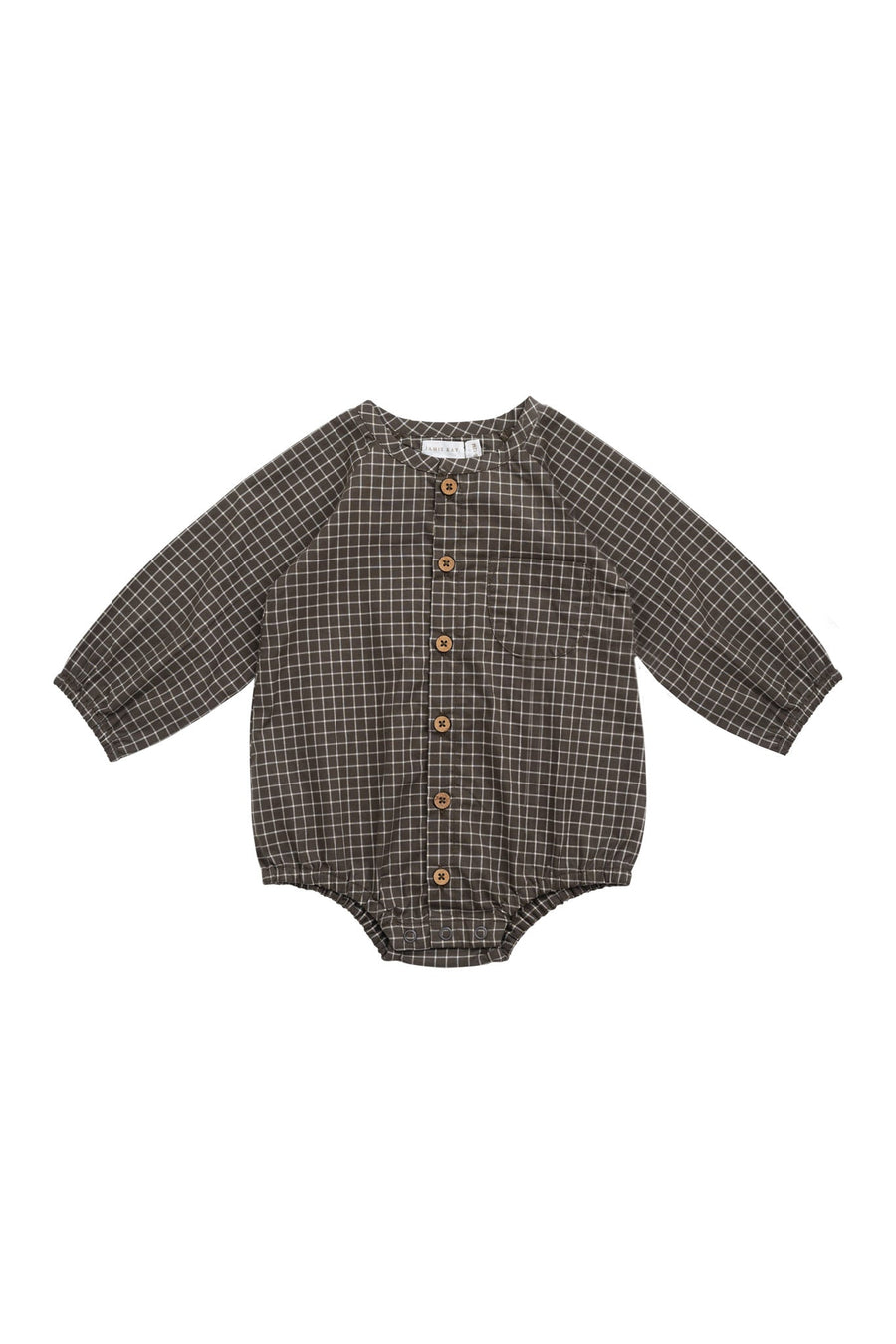 Organic Cotton Ellis Playsuit - Coffee Grid Childrens Playsuit from Jamie Kay NZ