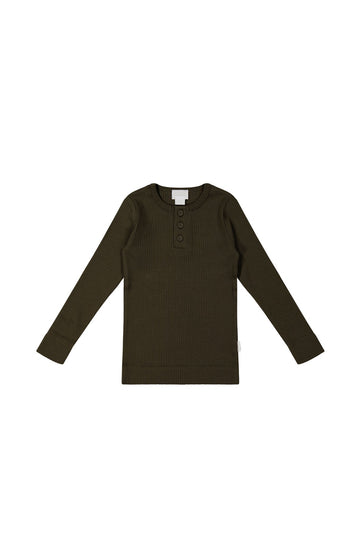 Organic Cotton Modal Long Sleeve Henley - Bistre Childrens Top from Jamie Kay NZ