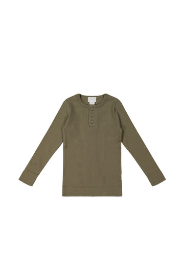 Organic Cotton Modal Long Sleeve Henley - Fir Bark Childrens Top from Jamie Kay NZ