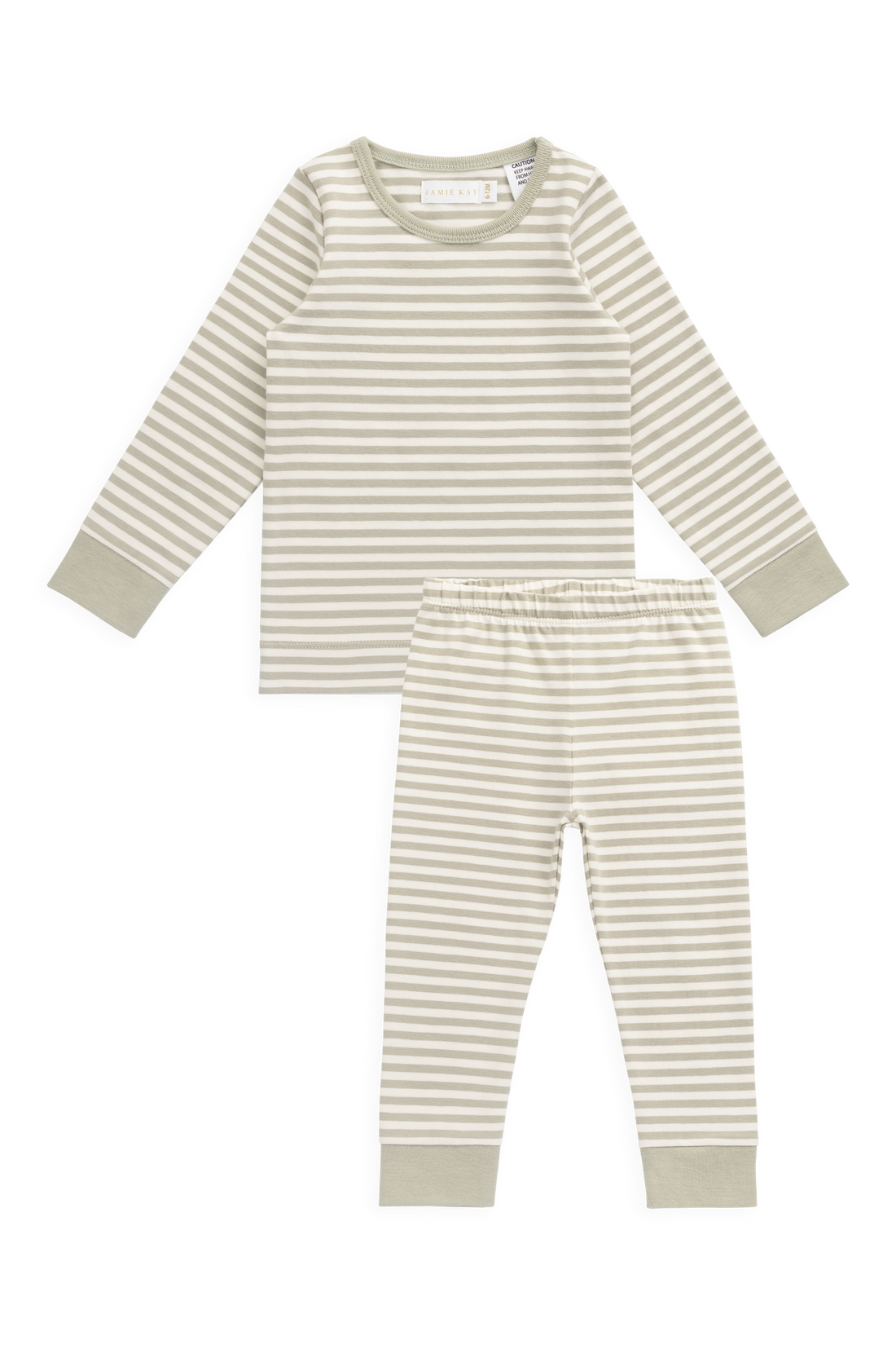 Organic Cotton Amory Long Sleeve Pyjama Set - Narrow Stripe Lichen/Cloud Childrens Pyjamas from Jamie Kay NZ