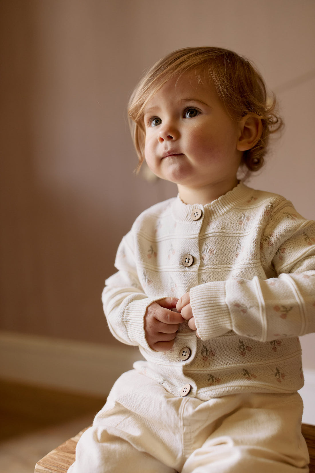 Melody Knitted Cardigan - Cherry Love Jacquard Egret Childrens Cardigan from Jamie Kay NZ