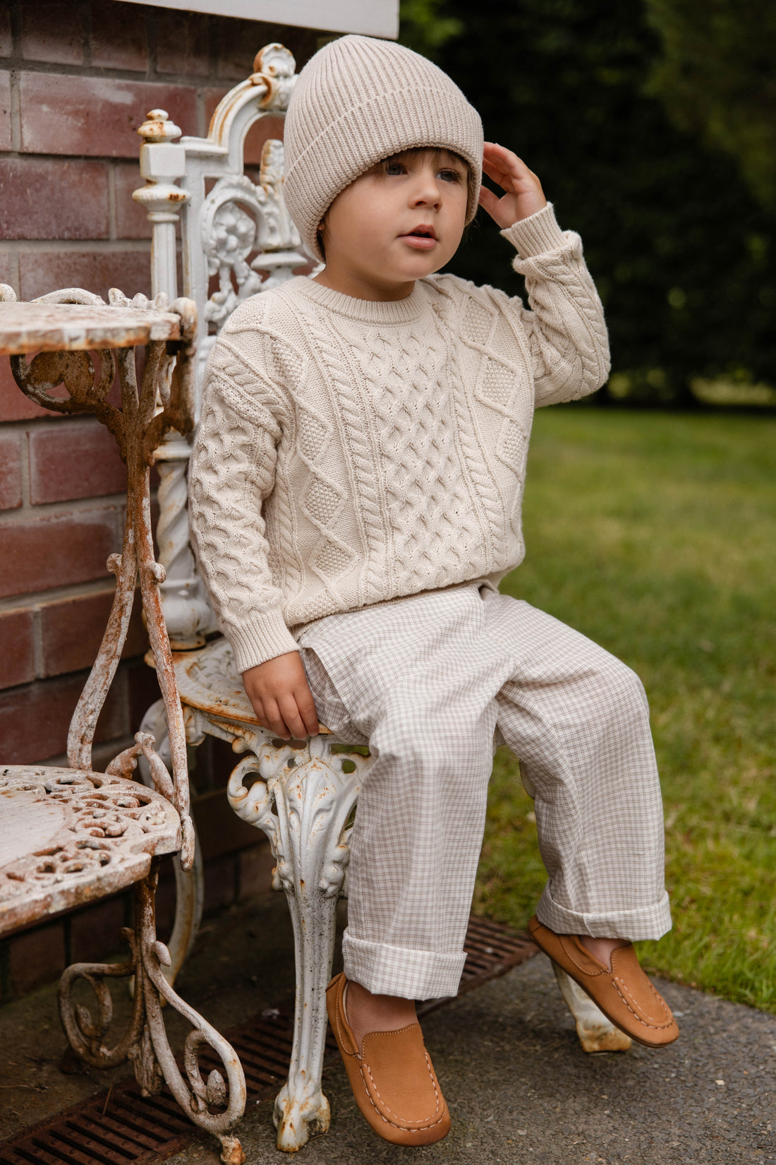 Organic Cotton Kenji Pant - Double Windowpane Check Pecan Childrens Pant from Jamie Kay NZ