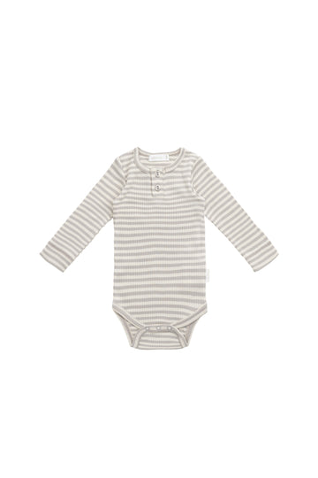 Organic Cotton Modal Long Sleeve Bodysuit - Narrow Stripe Gazelle/Oat Childrens Bodysuit from Jamie Kay NZ