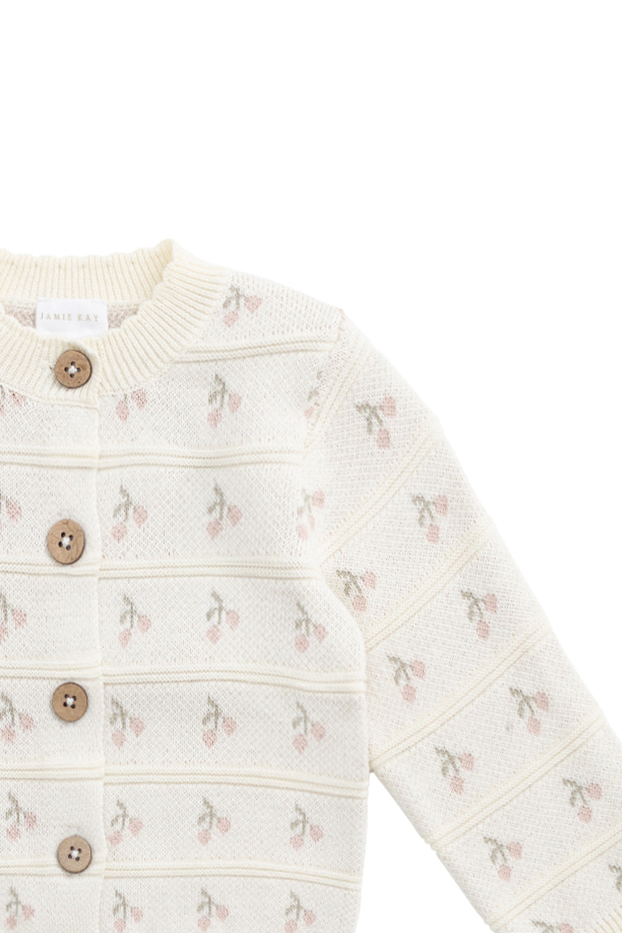 Melody Knitted Cardigan - Cherry Love Jacquard Egret Childrens Cardigan from Jamie Kay NZ