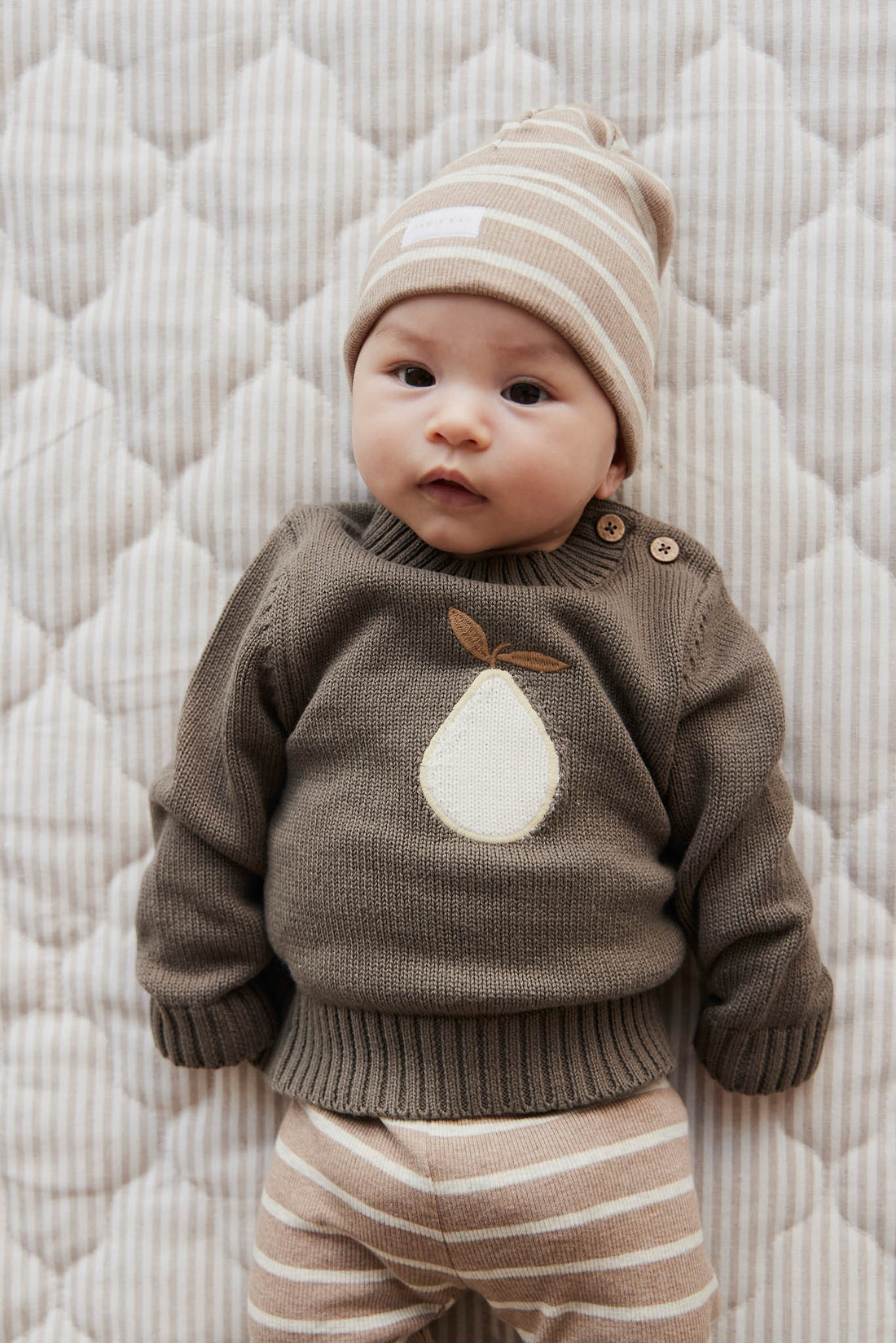 Organic Cotton Fine Rib Beanie - Elias Stripe Sable Marle Childrens Hat from Jamie Kay NZ