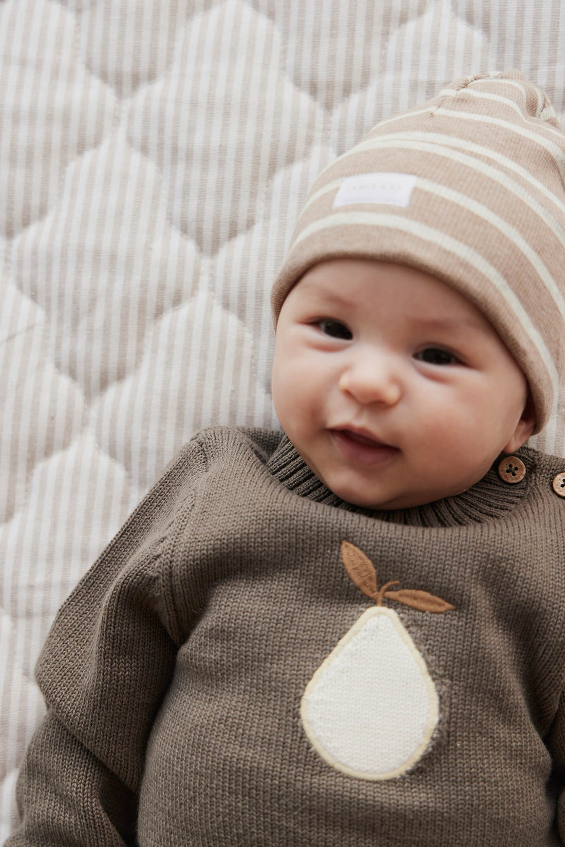 Organic Cotton Fine Rib Beanie - Elias Stripe Sable Marle Childrens Hat from Jamie Kay NZ