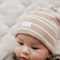 Organic Cotton Fine Rib Beanie - Elias Stripe Sable Marle Childrens Hat from Jamie Kay NZ