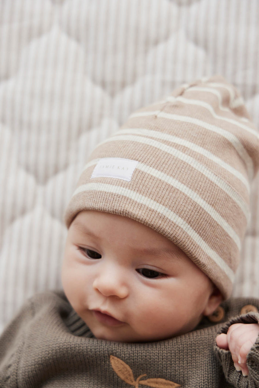 Organic Cotton Fine Rib Beanie - Elias Stripe Sable Marle Childrens Hat from Jamie Kay NZ