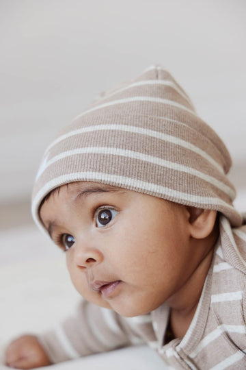 Organic Cotton Fine Rib Beanie - Elias Stripe Sable Marle Childrens Hat from Jamie Kay NZ