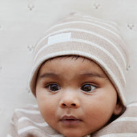 Organic Cotton Fine Rib Beanie - Elias Stripe Sable Marle Childrens Hat from Jamie Kay NZ