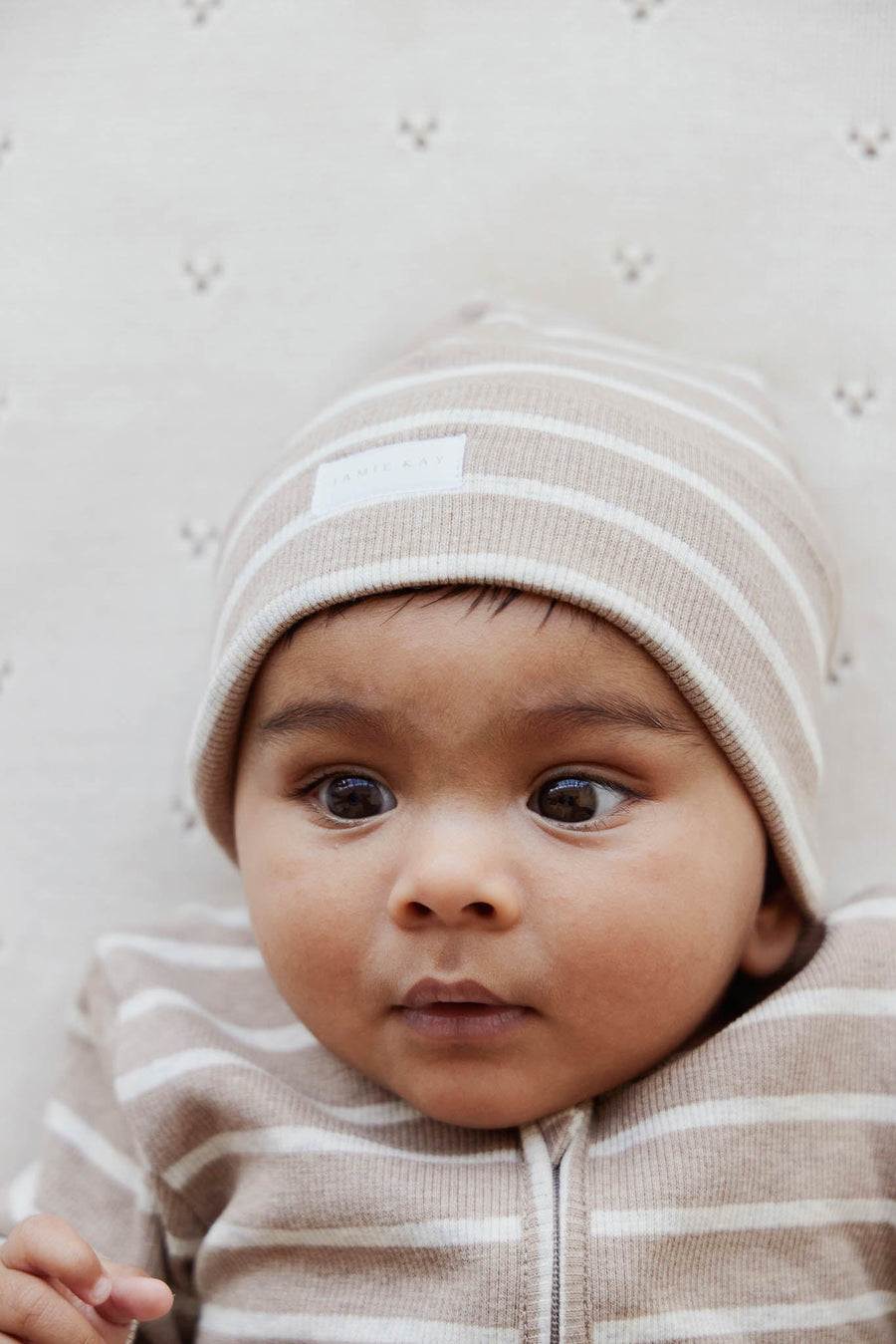 Organic Cotton Fine Rib Beanie - Elias Stripe Sable Marle Childrens Hat from Jamie Kay NZ