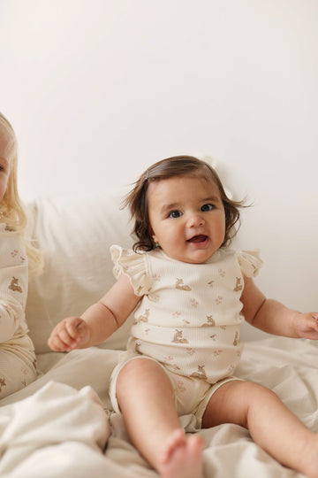 Organic Cotton Fine Rib Ellison Frill Sleeve Pyjama Set - Little Fawn Childrens Pyjama from Jamie Kay NZ