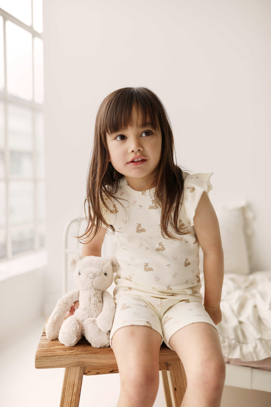 Organic Cotton Fine Rib Ellison Frill Sleeve Pyjama Set - Little Fawn Childrens Pyjama from Jamie Kay NZ