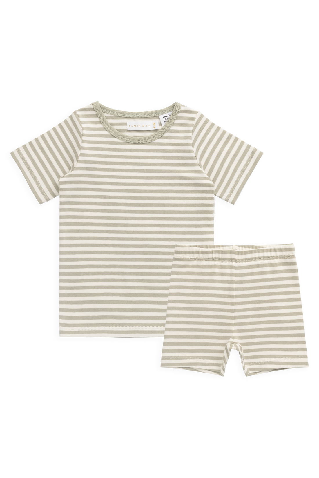 Organic Cotton Baker Short Sleeve Pyjama Set - Narrow Stripe Lichen/Cloud Childrens Pyjamas from Jamie Kay NZ