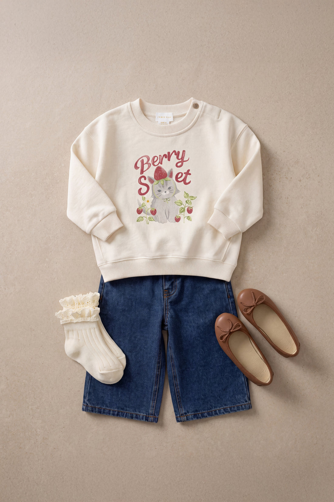 Organic Cotton Rhea Sweatshirt - Berry Cat Egret Childrens Sweatshirt from Jamie Kay NZ