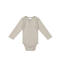 Organic Cotton Modal Long Sleeve Bodysuit - Narrow Stripe Willow/Soft Clay Childrens Bodysuit from Jamie Kay NZ