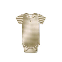 Organic Cotton Modal Darcy Rib Tee Bodysuit - Narrow Stripe Oak/Soft Clay Childrens Bodysuit from Jamie Kay NZ