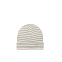 Organic Cotton Modal Lennon Beanie - Narrow Stripe Moss/Cloud Childrens Beanie from Jamie Kay NZ