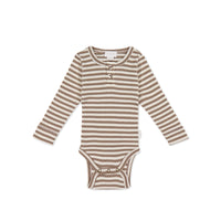Organic Cotton Modal Long Sleeve Bodysuit - Narrow Stripe Tweed/Cloud Childrens Bodysuit from Jamie Kay NZ