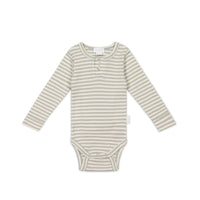 Organic Cotton Modal Long Sleeve Bodysuit - Narrow Stripe Moss/Cloud Childrens Bodysuit from Jamie Kay NZ