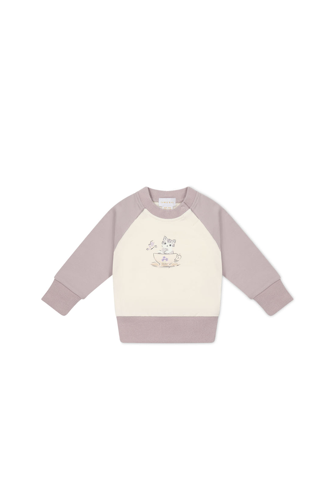 Organic Cotton Tao Sweatshirt - Parchment Kitty Teacup Lilac Childrens Top from Jamie Kay NZ