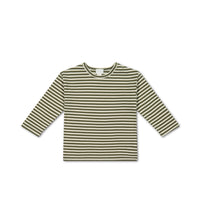 Pima Cotton Arnold Long Sleeve Top - Narrow Stripe Deep Olive/Soft Clay Childrens Top from Jamie Kay NZ