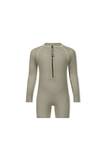 Rocco Suit - Fine Vertical Stripe Dark Olive Childrens Swimwear from Jamie Kay NZ