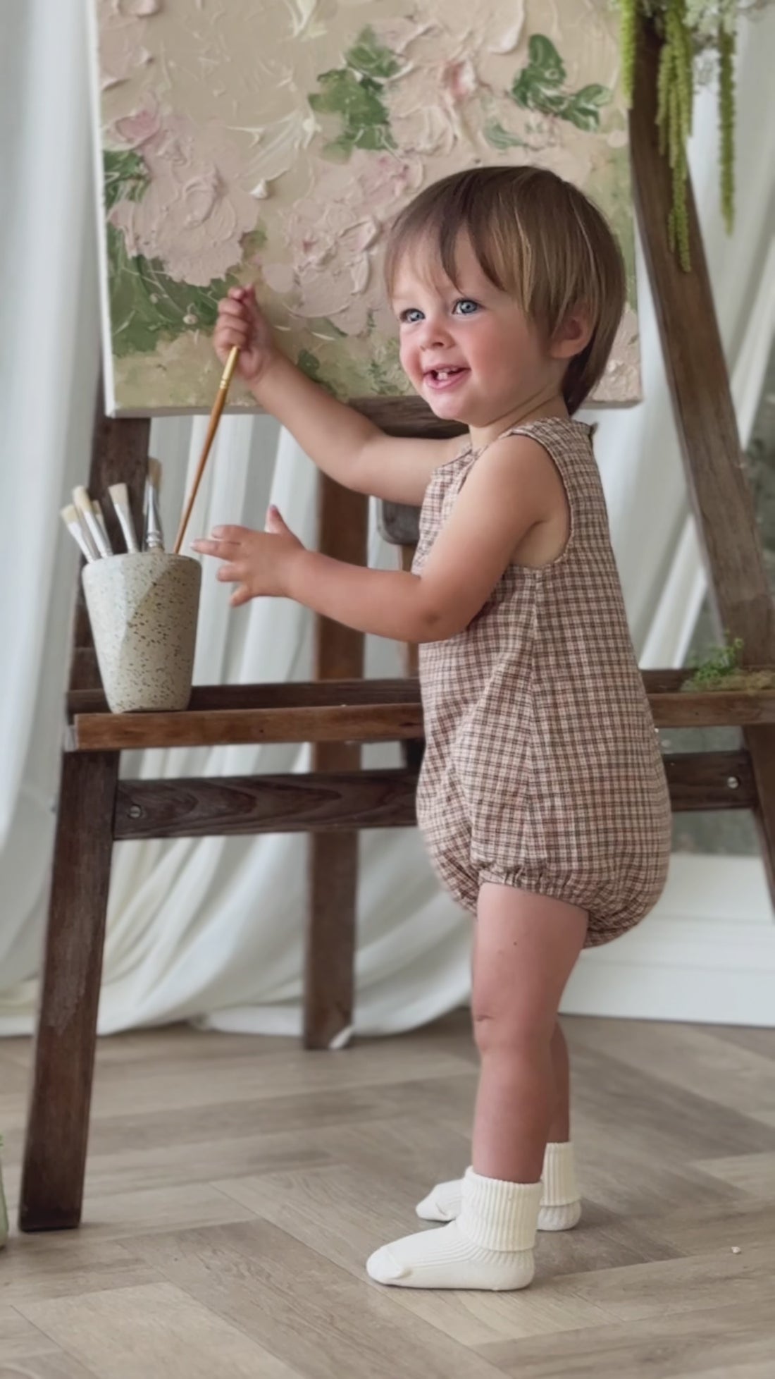 Organic Cotton Bentley Playsuit - Cabin Check Cocoa Childrens Playsuit from Jamie Kay NZ