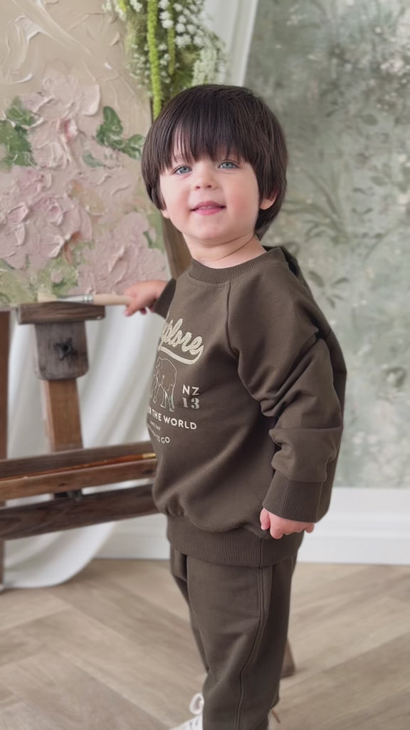 Organic Cotton Duncan Sweatshirt - Deep Olive Elephant Explore Childrens Sweatshirt from Jamie Kay NZ
