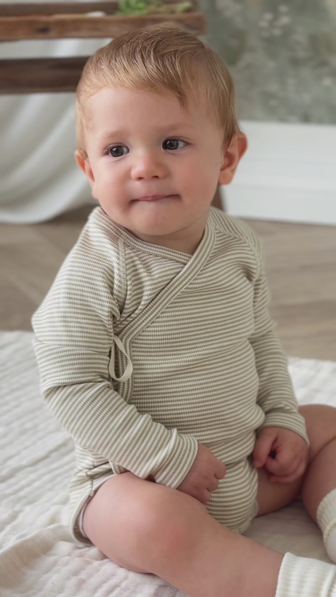 Organic Cotton Fine Rib Micah Wrap Onepiece - Petite Stripe Hay/Cloud Childrens Onepiece from Jamie Kay NZ