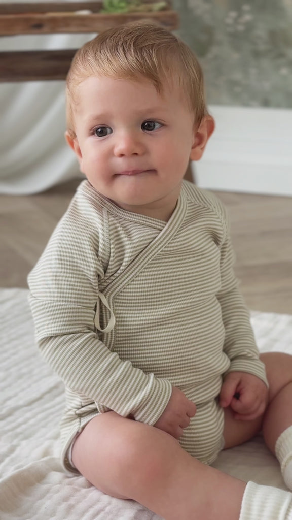 Organic Cotton Fine Rib Micah Wrap Onepiece - Petite Stripe Hay/Cloud Childrens Onepiece from Jamie Kay NZ