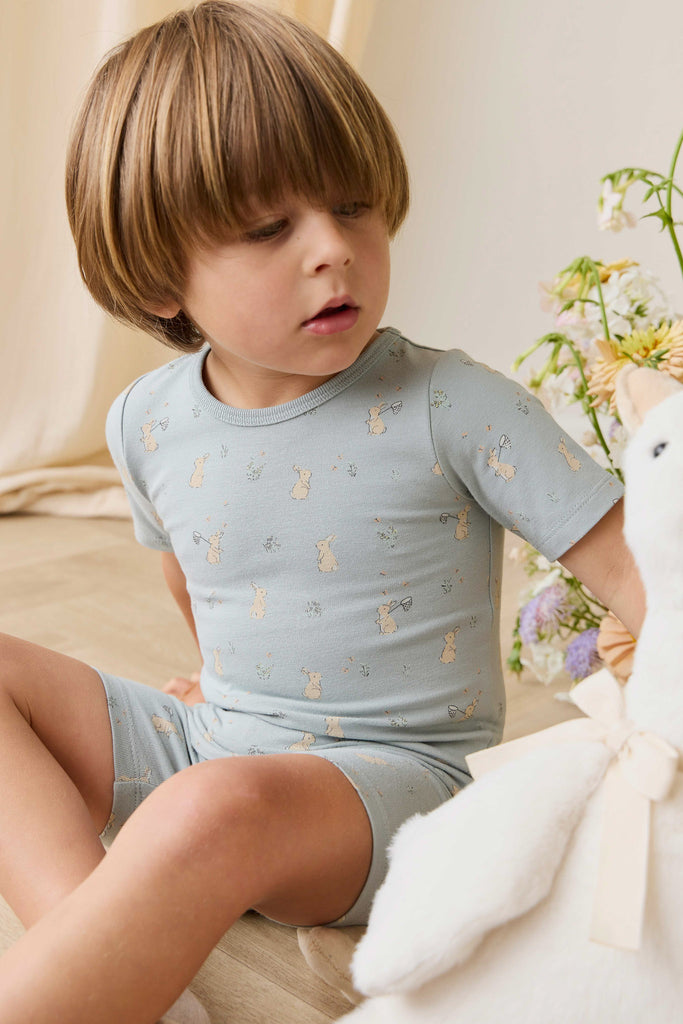 Organic Cotton Baker Short Sleeve Pyjama Set - Lapin Jardin Blue Childrens Pyjama from Jamie Kay NZ