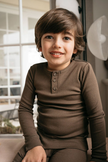 Organic Cotton Modal Long Sleeve Henley - Cocoa Childrens Top from Jamie Kay NZ