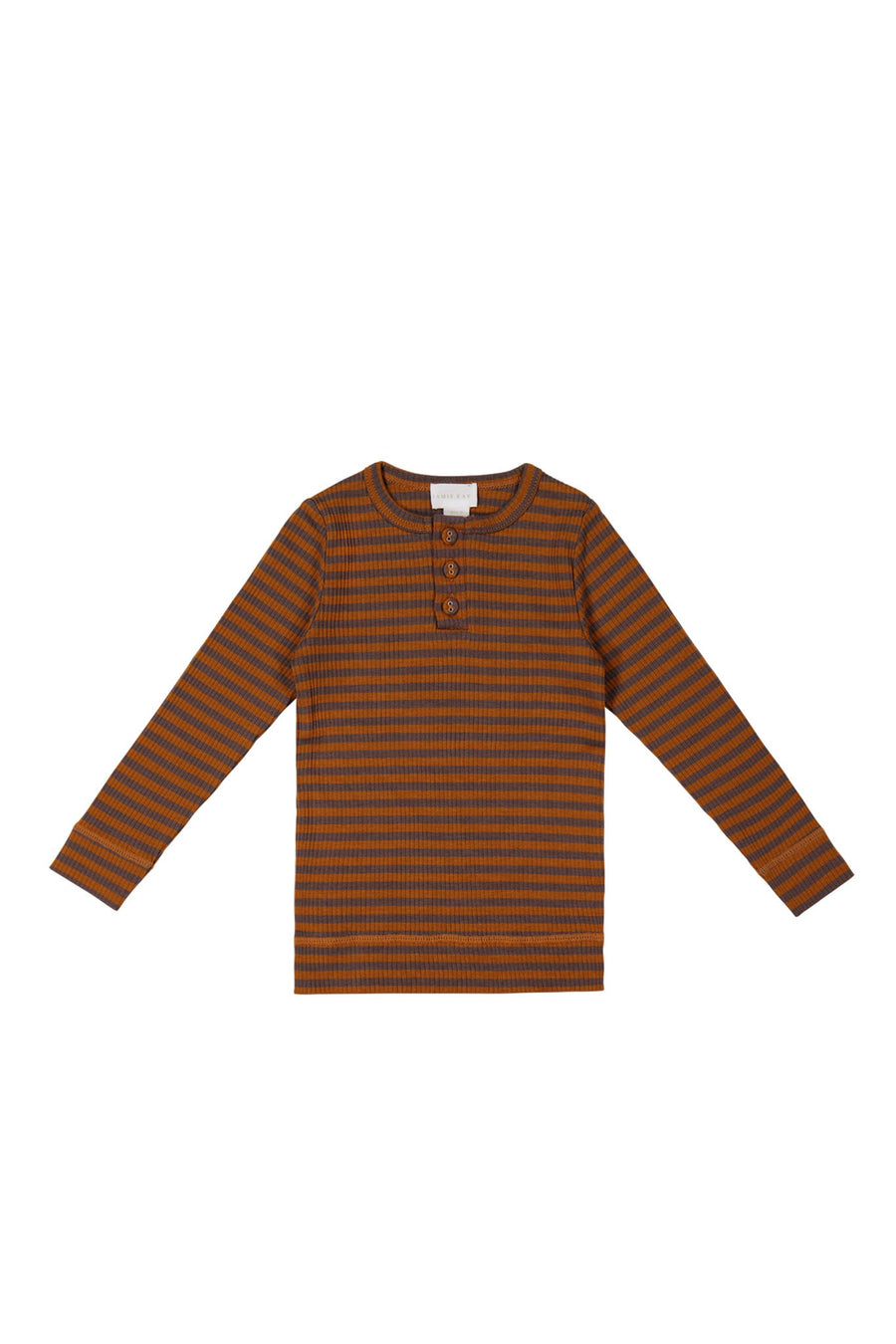 Organic Cotton Modal Long Sleeve Henley - Narrow Stripe Ginger Childrens Top from Jamie Kay NZ
